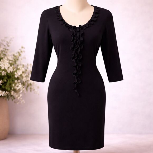 Ann Taylor Dresses & Skirts - ANN TAYLOR Black Silk Blend Ruffle Front Knit 3/4 Sleeve Dress Size Medium